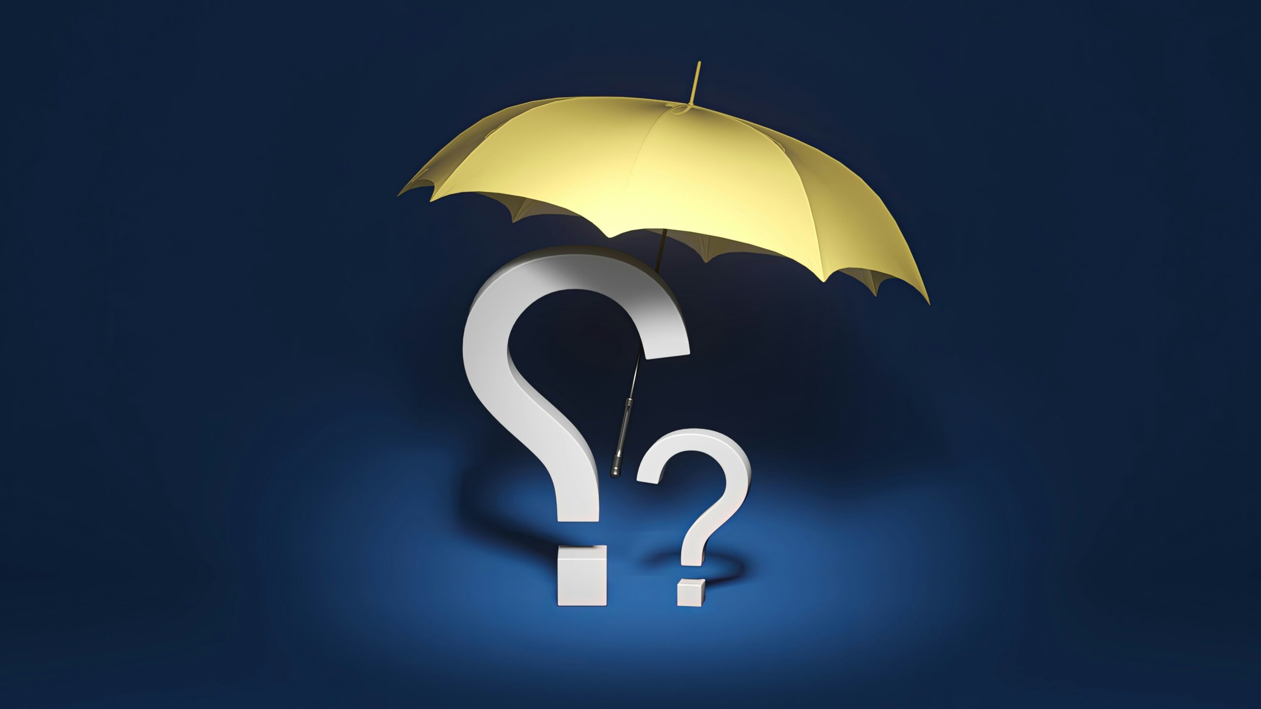 Concept illustration of Errors and Omissions (E&O) insurance vs malpractice insurance showing a protective umbrella over question marks symbolizing professional liability protection.