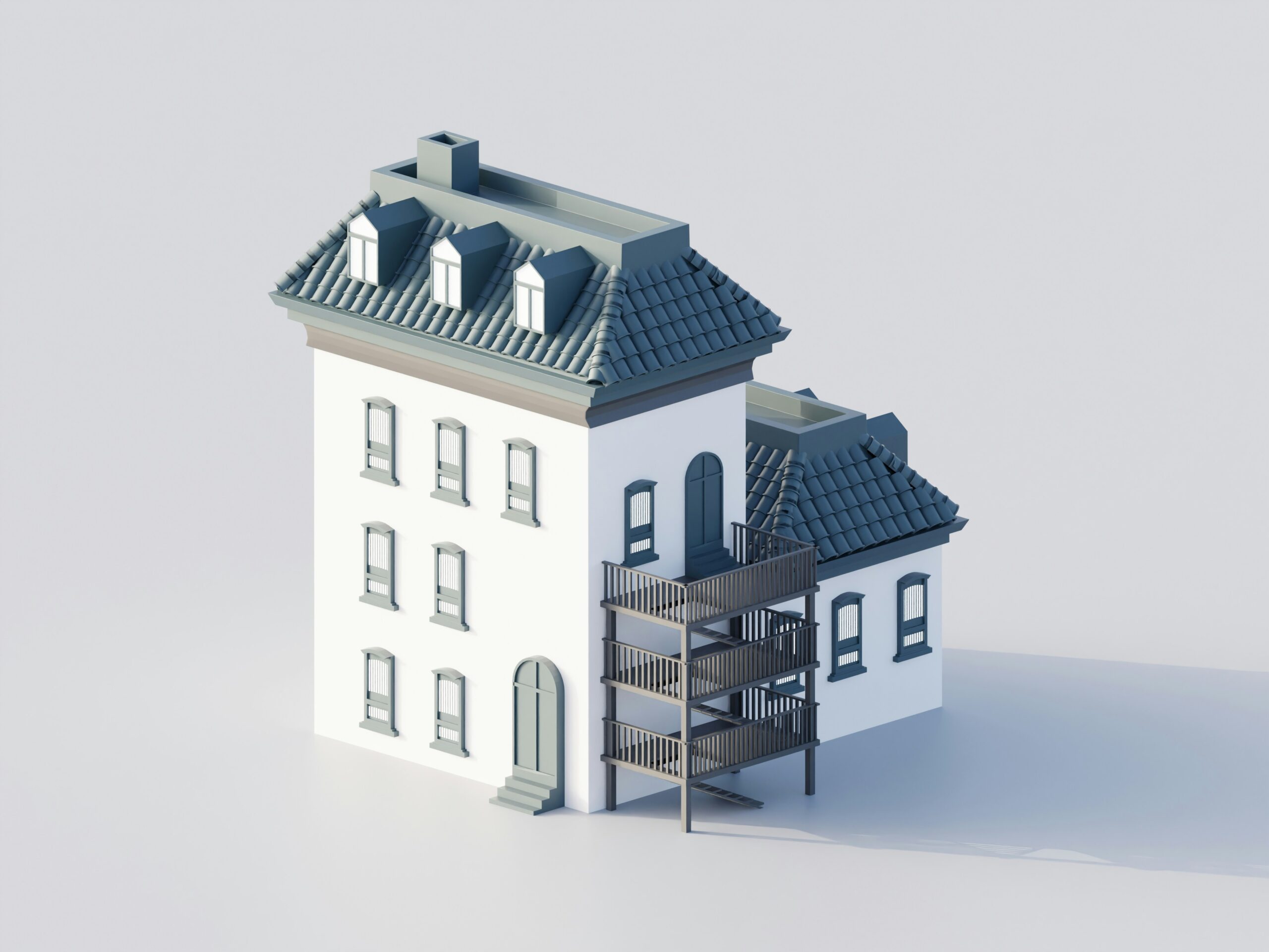 A 3D isometric architectural model of a white multi-story townhouse featuring a blue-tiled mansard roof, dormer windows, and a prominent wooden external staircase on the side.