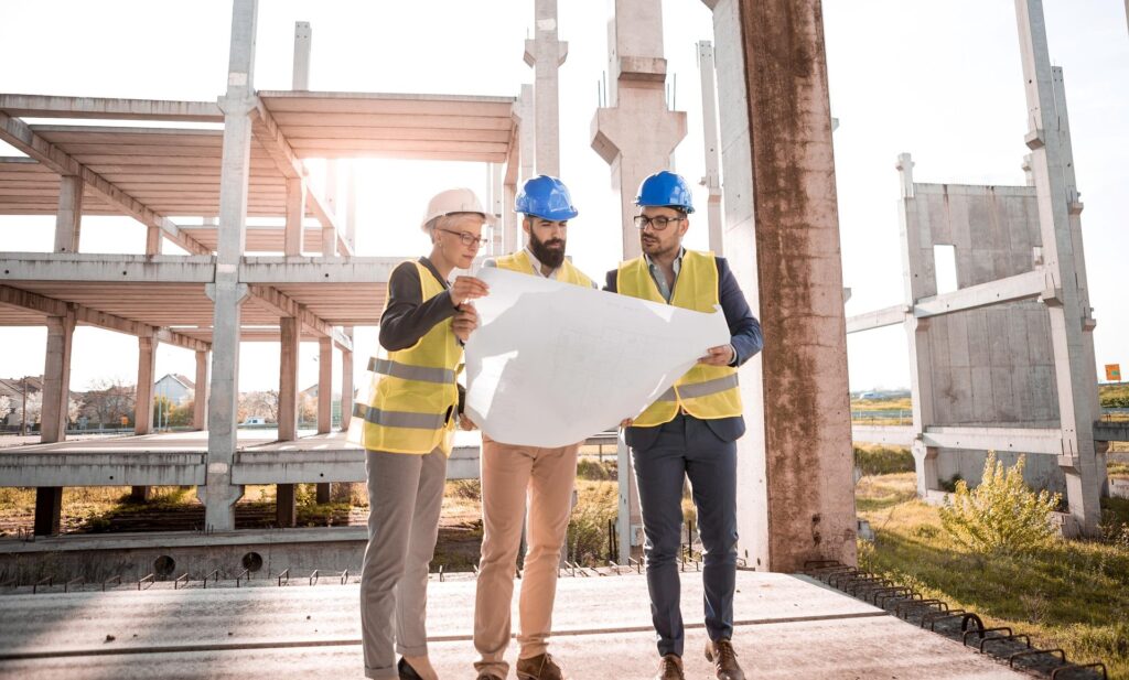 Three architects wearing hard hats and safety vests stand within the concrete frame of a building under construction. They are holding and discussing a large set of blueprints, illustrating the collaborative oversight and risk management involved in active building projects.