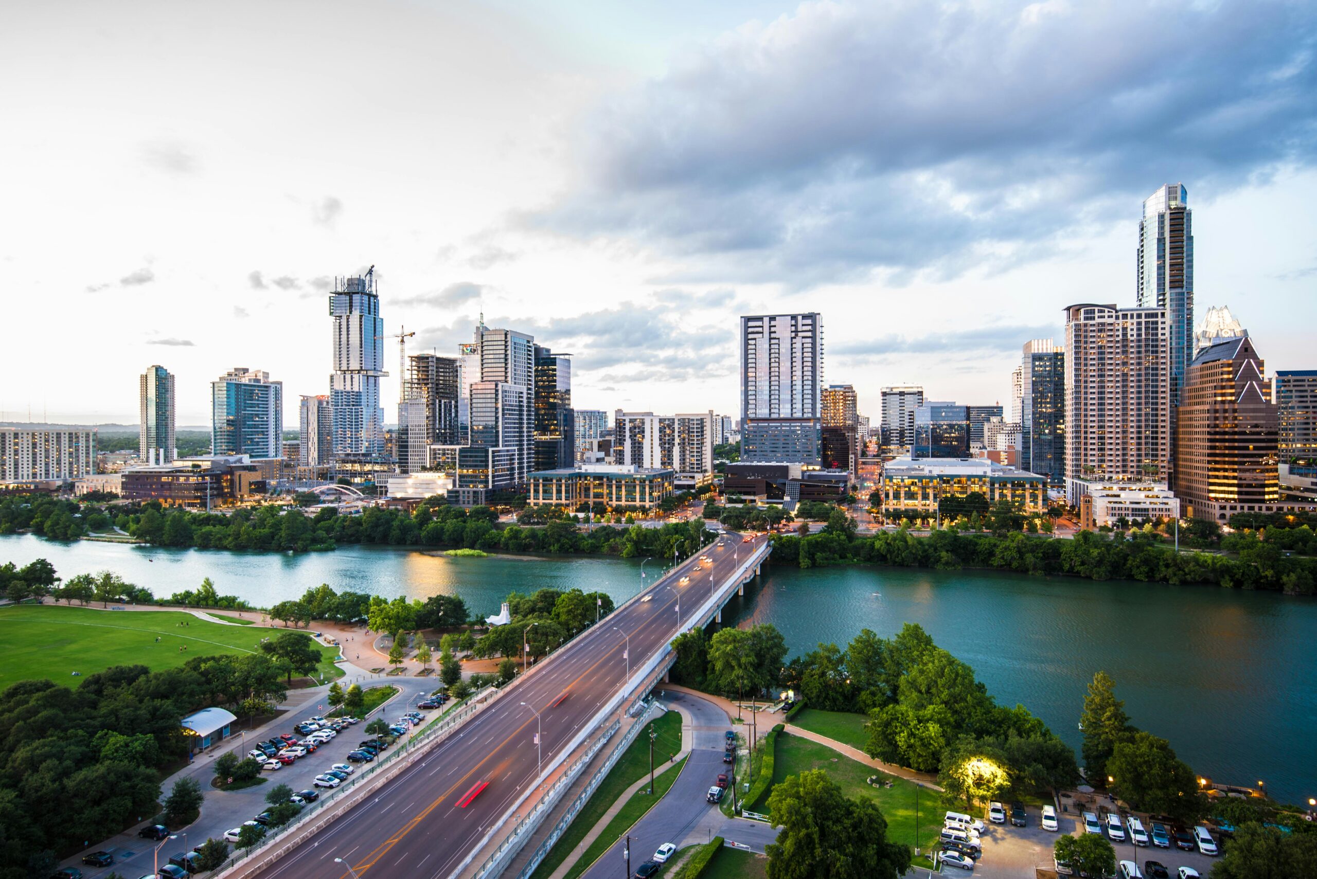 Aerial view of the Austin, texass skyline and the Congress AvenueBridge