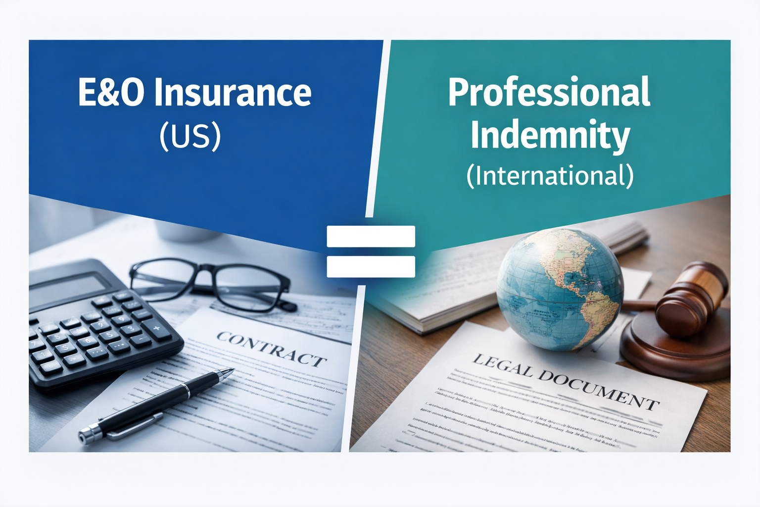 A comparison graphic showing that E&O insurance in the US is equivalent to Professional Indemnity insurance internationally, featuring a contract, a globe, and a legal gavel.