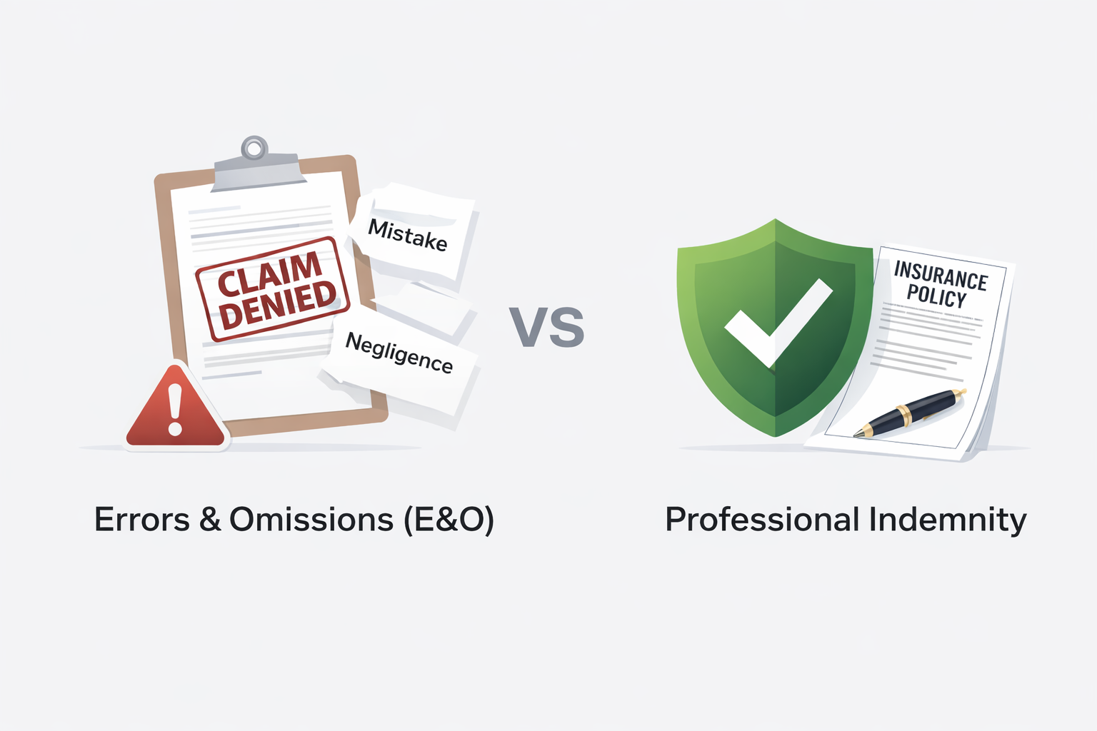 Minimalist comparison graphic showing Errors & Omissions (E&O) insurance on the left with a claim document marked “claim denied,” and Professional Indemnity insurance on the right with a shield checkmark and insurance policy document, separated by “VS” on a clean light background.