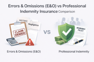 Comparison illustration showing Errors & Omissions (E&O) insurance with a denied claim document, mistake and negligence papers, calculator, and warning icon on the left, versus Professional Indemnity insurance with a shield checkmark, insurance policy document, and money stacks on the right.