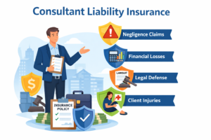 Do consultants need professional and general liability insurance concept showing business workspace with liability insurance document, laptop, and coverage icons