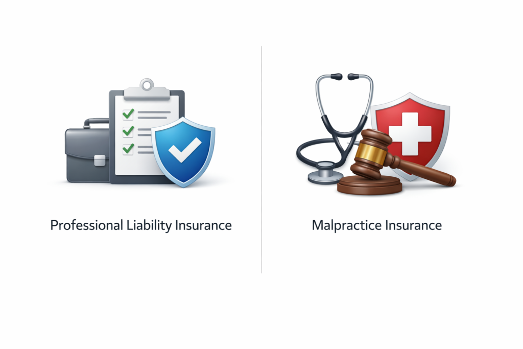 Comparison graphic showing icons for Professional Liability Insurance (briefcase and clipboard) vs. Malpractice Insurance (stethoscope and gavel) on a white background.