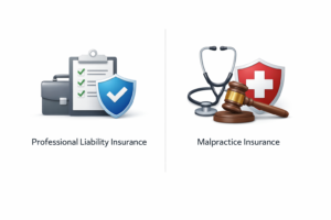 Comparison graphic showing icons for Professional Liability Insurance (briefcase and clipboard) vs. Malpractice Insurance (stethoscope and gavel) on a white background.