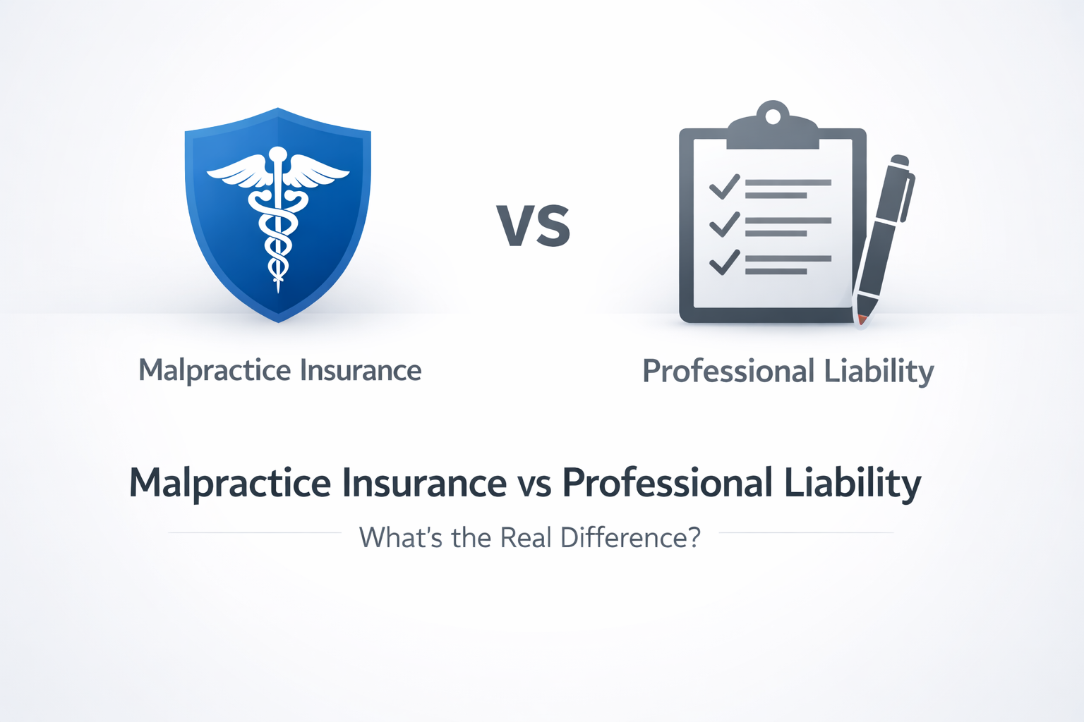 Malpractice insurance vs professional liability insurance comparison illustration with shield and checklist icons on a clean minimalist background