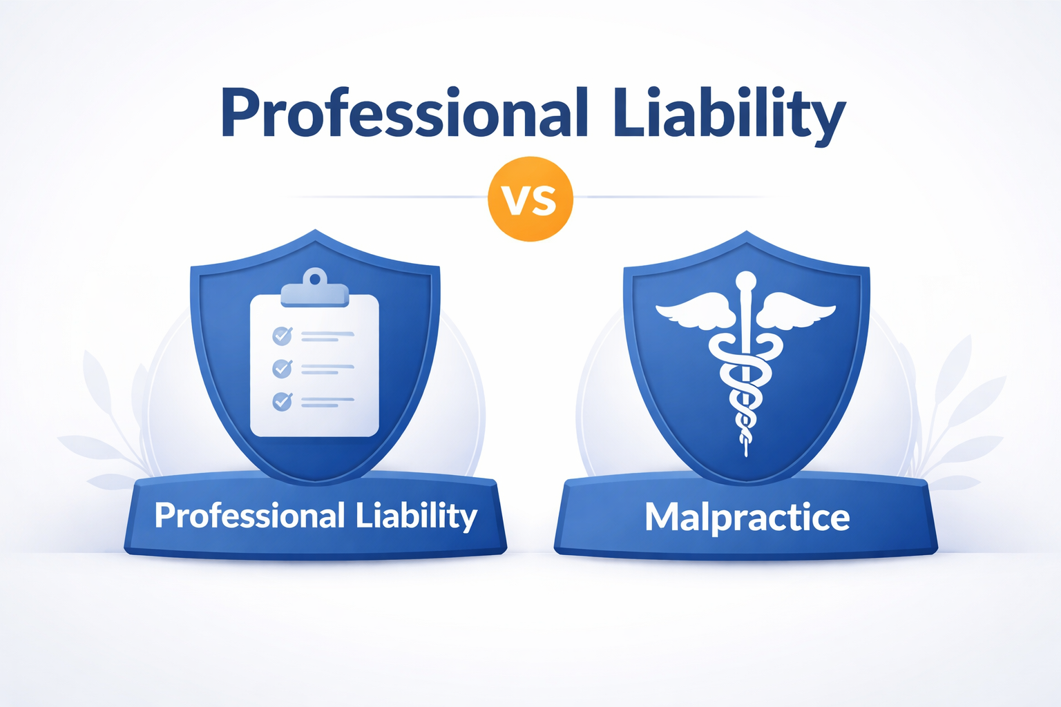 Professional liability vs malpractice insurance comparison with two shield icons representing coverage differences