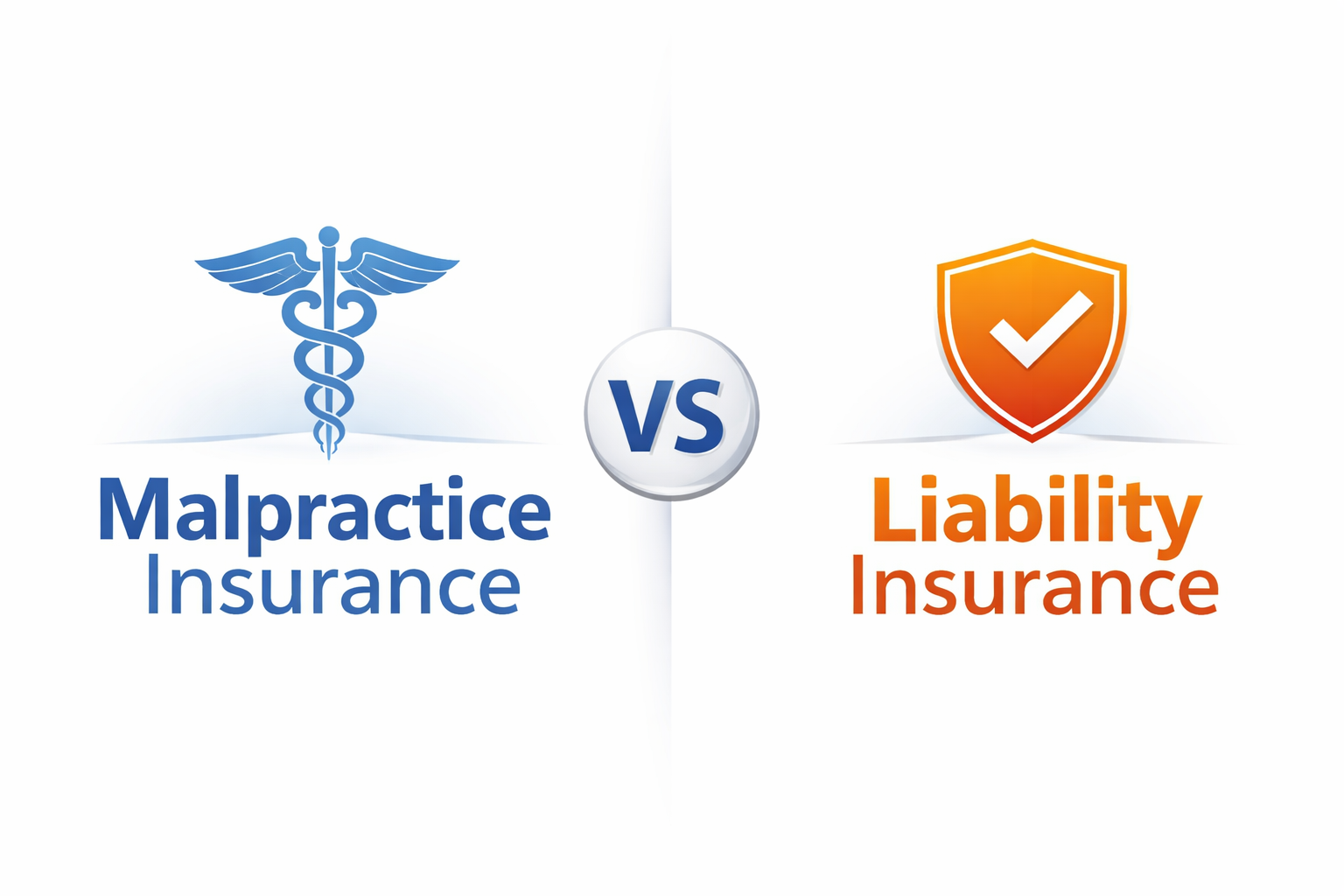 Malpractice Insurance vs Liability Insurance comparison showing two logos representing professional negligence coverage and general liability coverage.