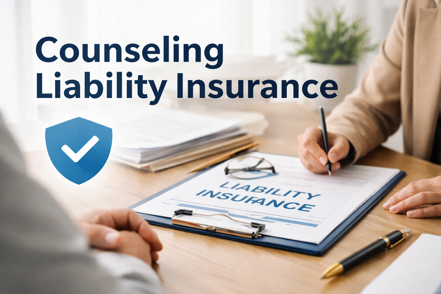 Counselor reviewing liability insurance policy with client in a professional office setting, illustrating counseling liability insurance coverage