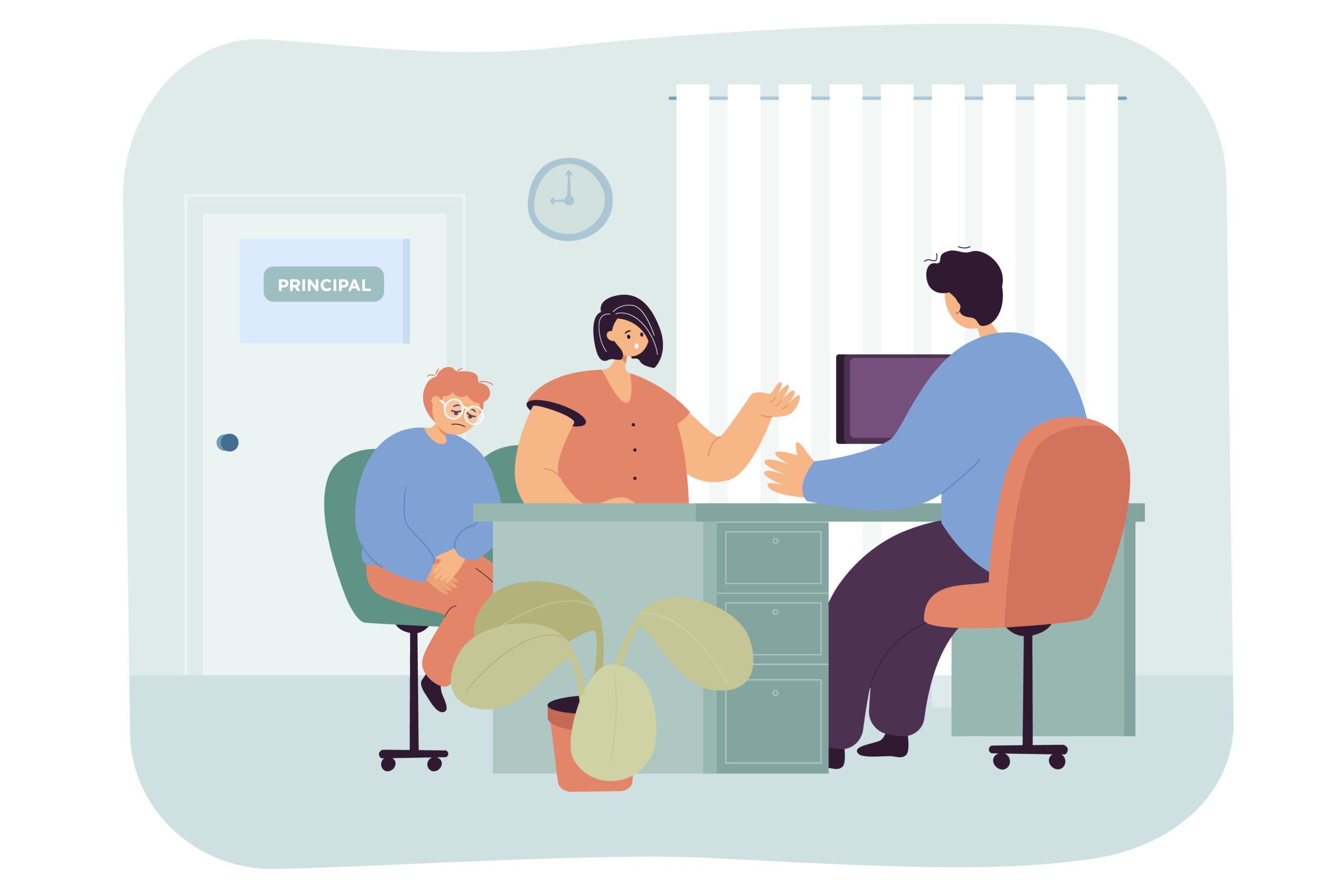 Professional liability insurance for counselors concept illustration showing a counseling session with a parent, child, and professional discussing sensitive issues in a private office setting, representing risk, client interaction, and duty of care.