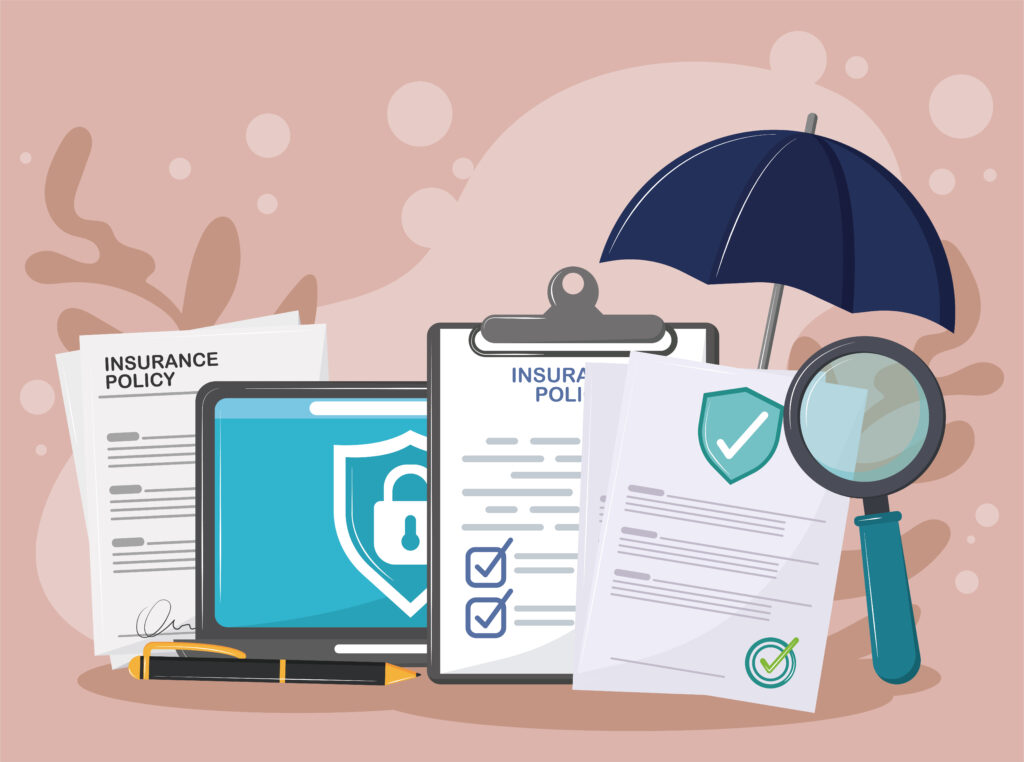 Illustration of LPC insurance coverage showing insurance policy documents, a secure digital shield on a laptop, a checklist clipboard, and a protective umbrella symbolizing malpractice and liability protection for licensed professional counselors.