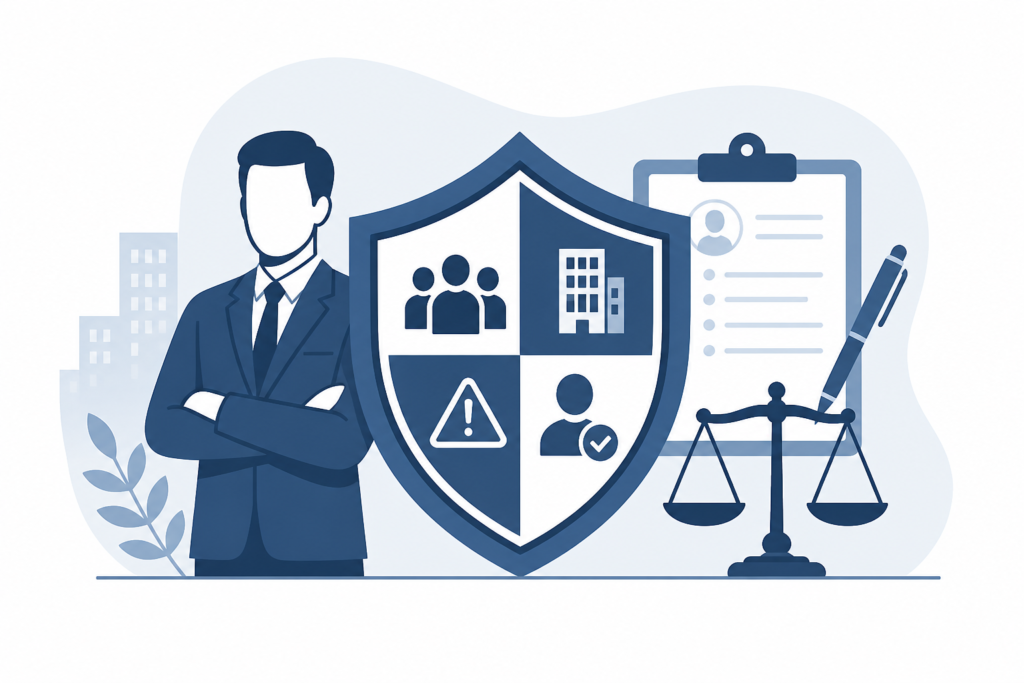 General and professional liability insurance illustration showing a consultant beside a shield divided into sections representing client protection, business risks, legal compliance, and service accountability, with icons of a clipboard, scales of justice, and corporate elements in a clean blue vector style.