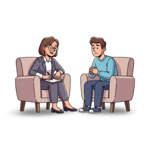 Illustration of a psychologist conducting a therapy session with a patient, representing professional liability insurance coverage for psychologists and mental health professionals.