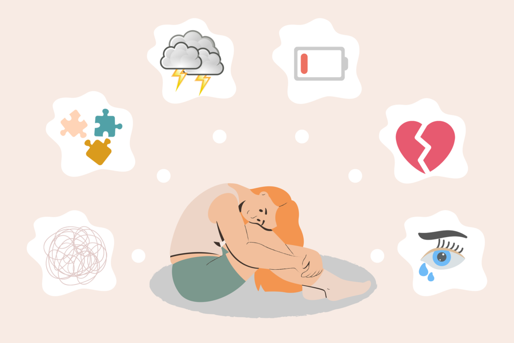 Illustration of a woman experiencing emotional distress surrounded by symbols of anxiety, depression, heartbreak, fatigue, and mental health struggles, representing the importance of mental health malpractice insurance for therapists and counselors.