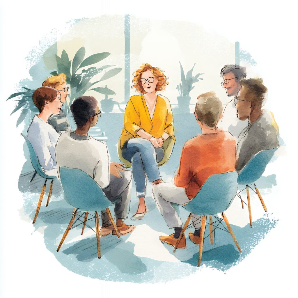 Group therapy session with licensed counselor and patients in a modern office, illustrating counseling malpractice insurance coverage for therapists and mental health practices.