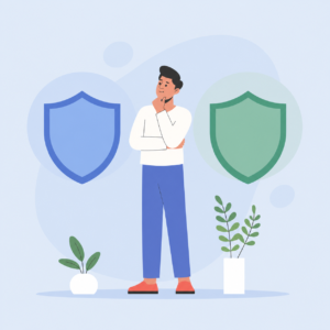 Flat vector illustration of a professional comparing Errors and Omissions (E&O) insurance and Professional Indemnity insurance, standing between two protective shields representing professional liability coverage options.