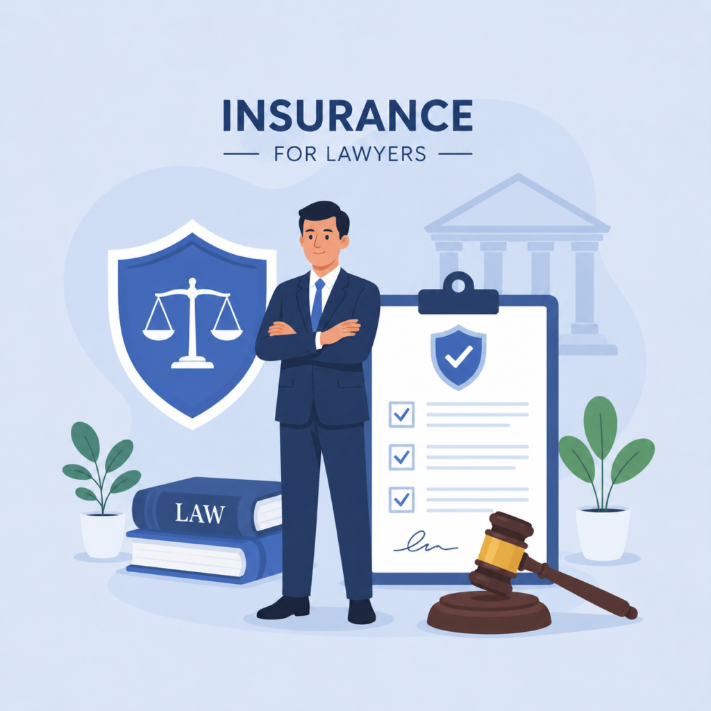 Insurance for lawyers illustration with attorney, liability shield, courthouse, law books, and professional liability insurance symbols.