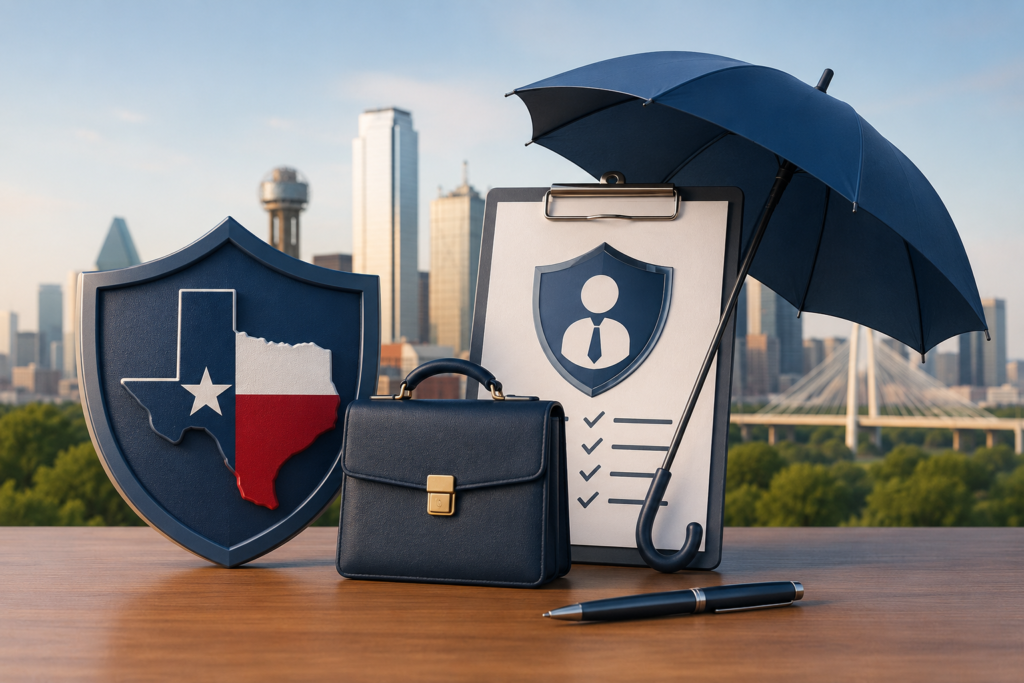 Illustration of professional liability insurance in Texas with a Texas shield, business briefcase, insurance documents, and protective umbrella in front of a Texas skyline, representing E&O coverage for consultants and businesses.
