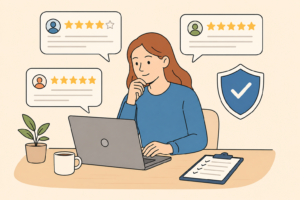 Proliability reviews illustration showing a professional evaluating insurance customer ratings, policy feedback, and liability coverage options.